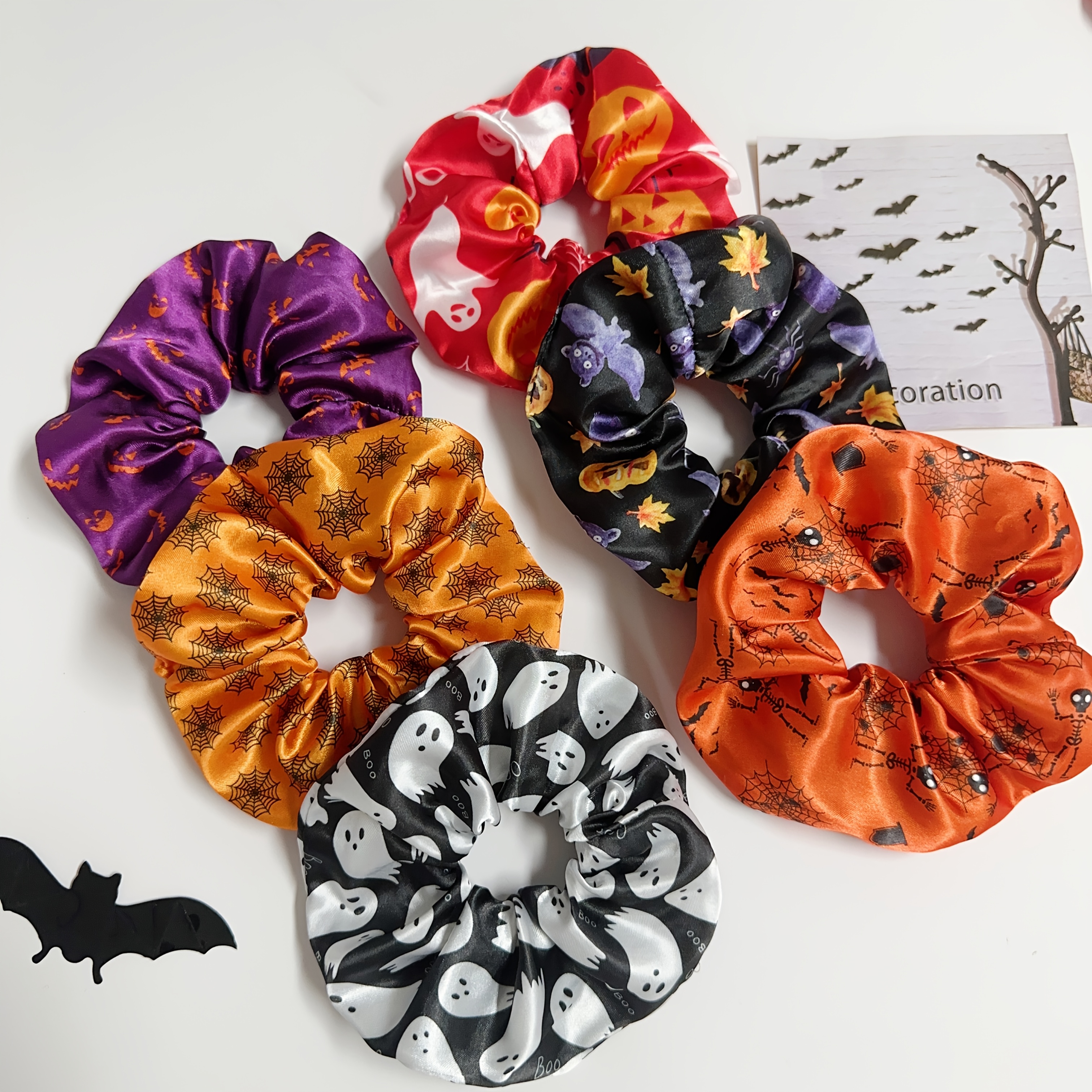 TEMU 6pcs Of Halloween-themed Hair Ties For Women Featuring Dark And With Pumpkins, , , And . Soft And Stretchy Hair Bands Are Perfect For Halloween