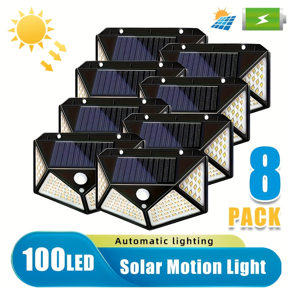 TEMU 8 adet Dış Mekan Güneşli Akıllı Dış Mekan Duvar Lambası, Dört Taraflı Aydınlatma, Ultra Geniş Açılı Aydınlatma, 3 Mod, 100 Led/3 Mod 270° Işık