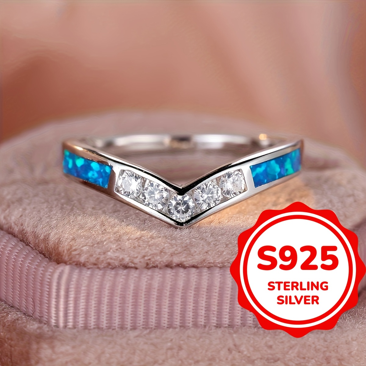 Image of Sterling Silvery 925 Blue Synthetic Opal Ring For Women S Bridewedding Engasynthetic Gemstoneent Ring Fine Jewelry 2.5g