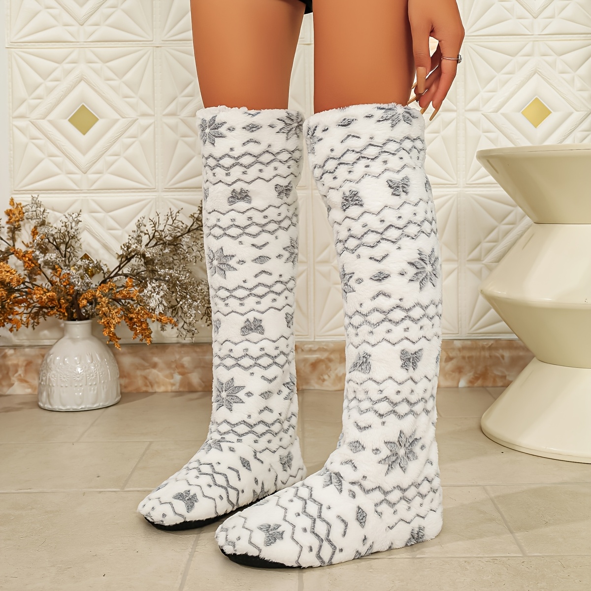 TEMU Vintage Snowflake Thickened Warm Over-the-knee House Boots - Autumn/winter Knee-protecting Essential, Women Shoes