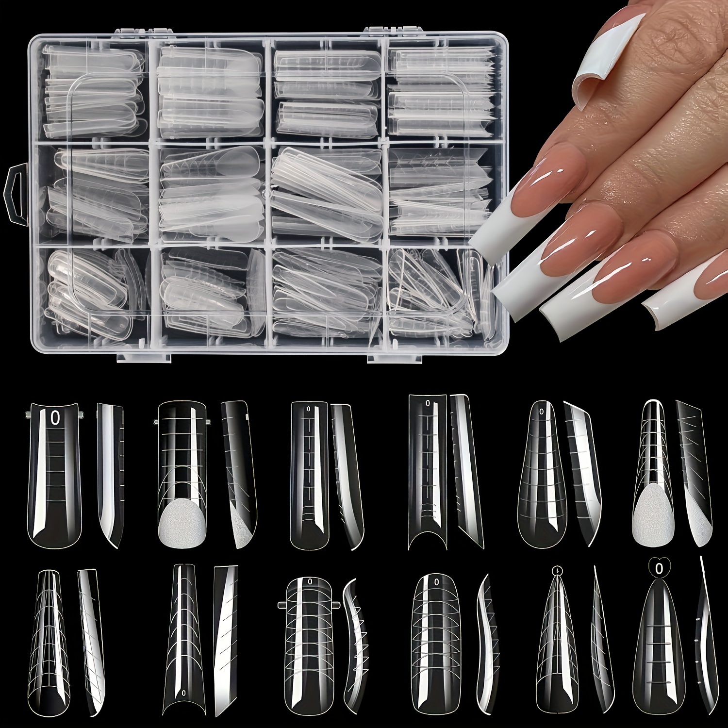 

288pcs Dual Form Full Cover False Nail Tips, 12 Styles & 12 Sizes, No Deformation, Nail Design Tools, , Nail Art Stencils For Pedicure & Manicure