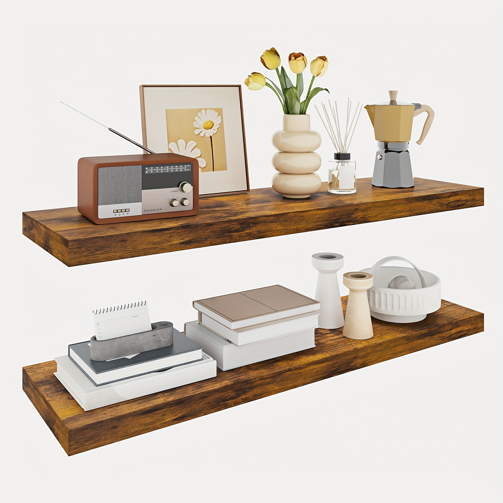 TEMU Tomnk Set Of 2 Floating Shelves, Inches, Wall-mounted With Hidden Bracket, Suitable For Bathroom, Living Room, Bedroom, Kitchen, Office