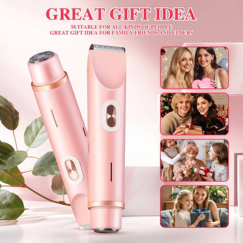 2 in 1 pink dual head bikini trimmer for women electric shaver for wet dry use body hair remover for bikini under legs face with long usb rechargeable hypoallergenic blades facial hair removal ergonomic grip adjustable trimmer
