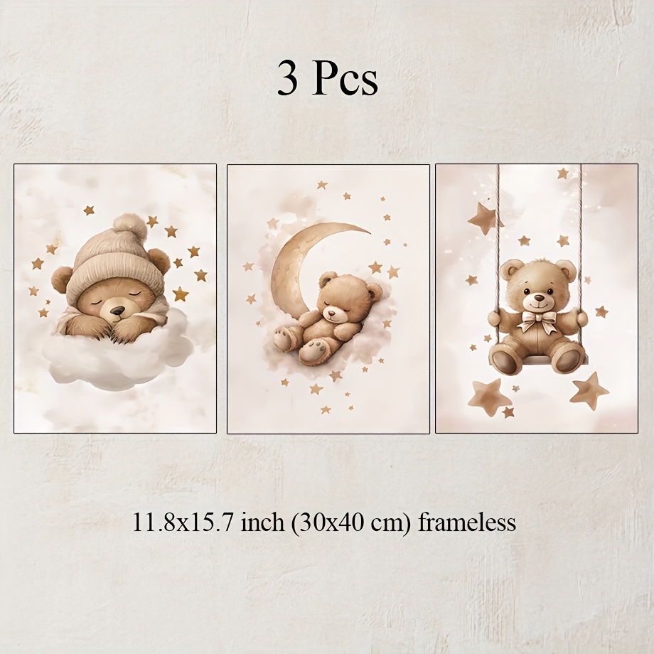 Set Of 3 Unisex Teddy Bear Nursery Posters, Moon Prints, Bear Shaped Room Decor Shower Gift Ideas Bohemian Style Room Prints Room Wall Decor Frameless Poster