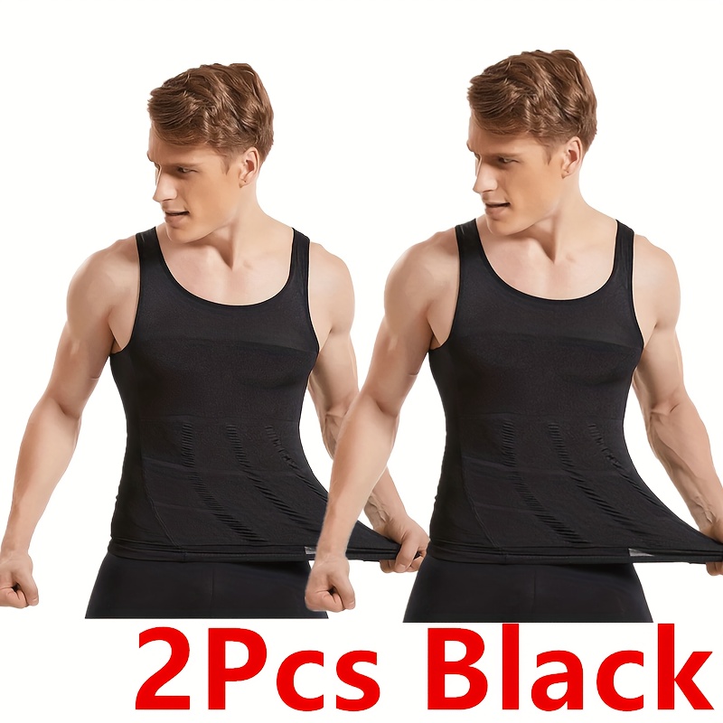2pcs Men's Chest Compression Shirt Tummy Control Shapewear Belly Control Waist Training Vest Sleeveless Body Shaping Tank Top, A
