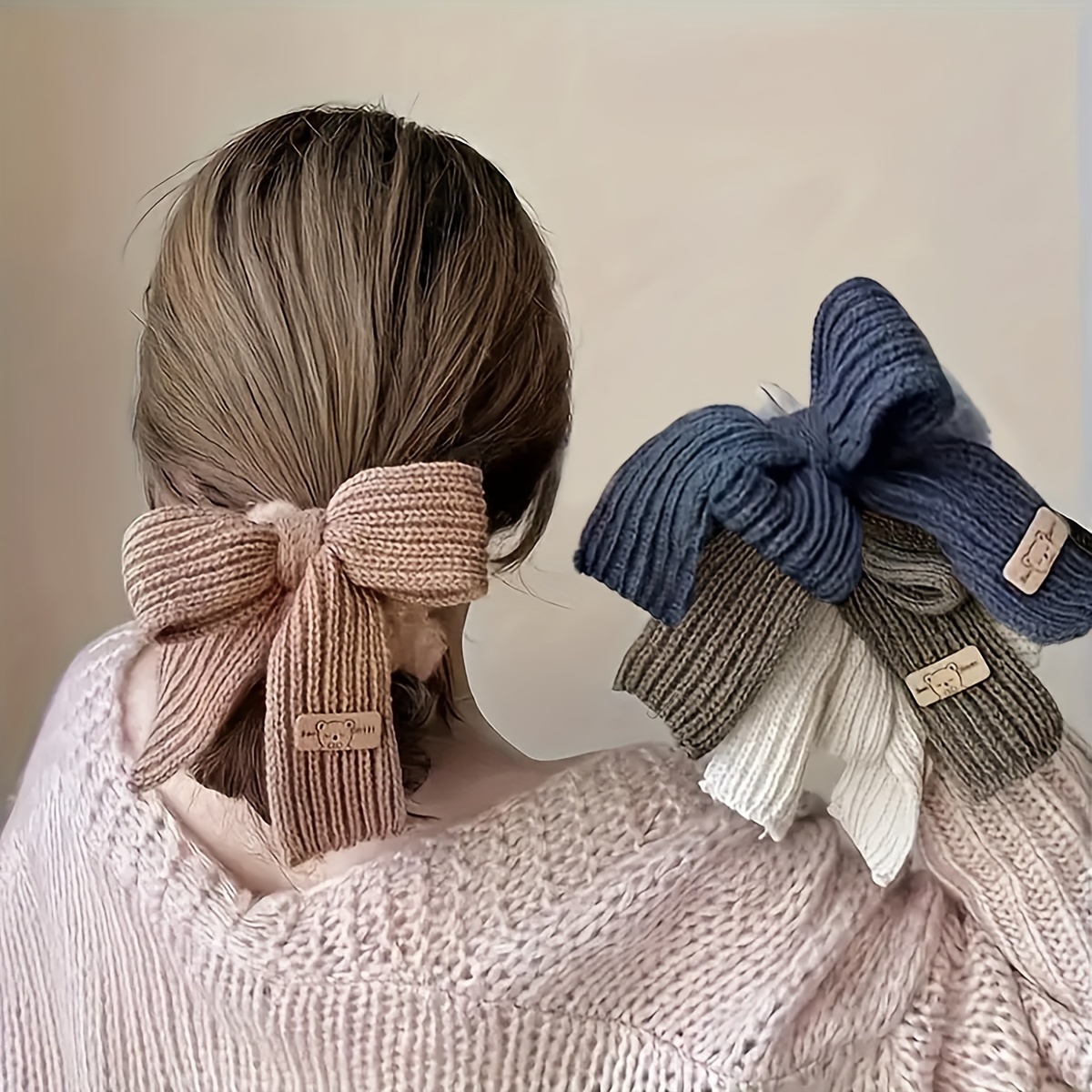 

4pcs Cozy Knit Bow Hair Ties - Soft Plush Elastic Ponytail Holders For Women, Elegant Autumn & Winter Hair Accessories In Peach, Blue, White & Light Gray