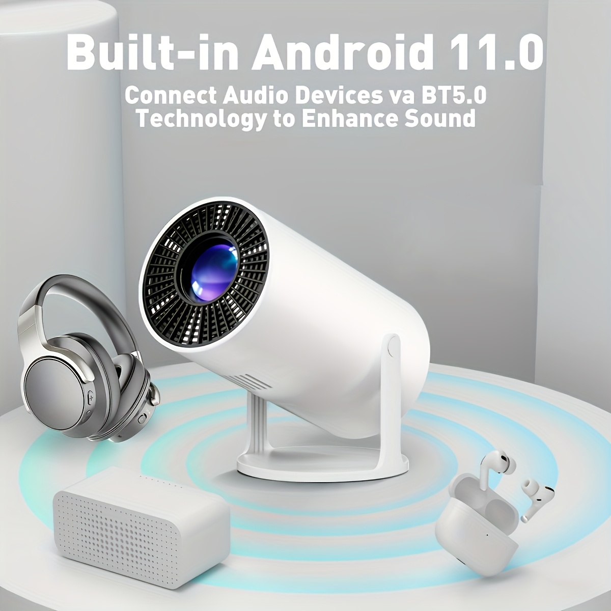 Smart Mini Projector with Android 11, Native 720P And 4K Support, WiFi 6 And BT5.0, Automatic Keystone Correction, Portable Projector for Home Theater, Outdoor Movies And Games