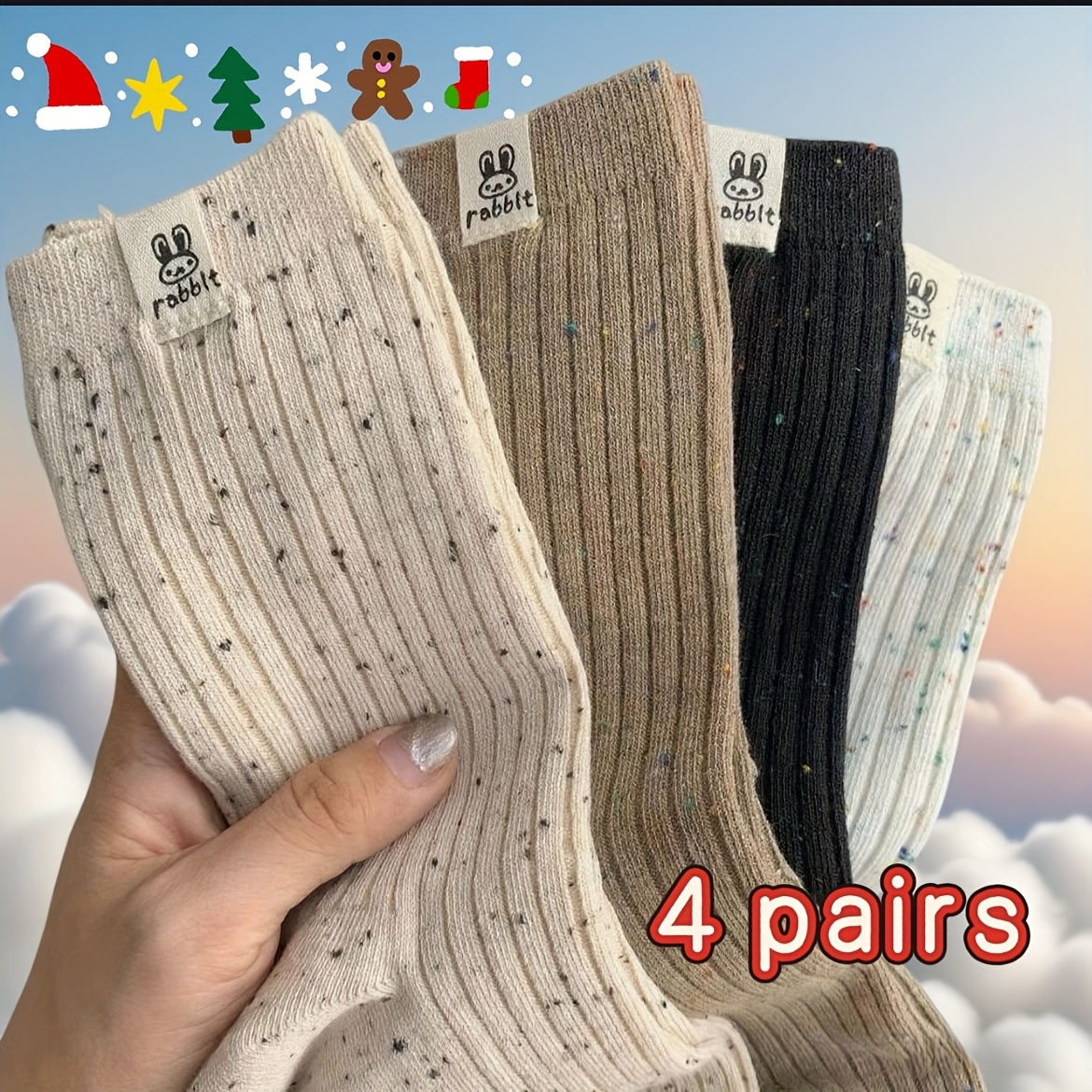 4-pair Spring, Autumn, Winter Socks For Women, Sizes 34-39, Japanese-style Fabric Label, College Style Fashion, Oatmeal Color, Polka Dot Yarn, Striped Mid-calf Socks