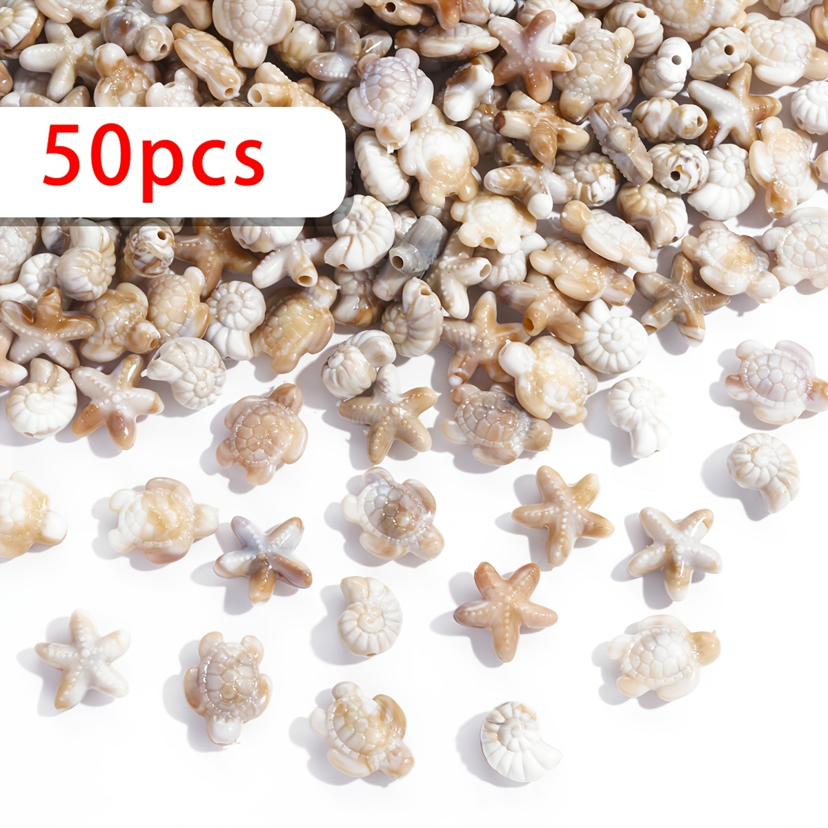Image of 50/100/150pcs Assorted Acrylic Seashell Beads, Sea Turtle Beads, Starfish, Ocean Animals For Summer Beach Jewelry Making, Bracelets, Necklaces, Earrings, Keychains, Diy Crafts