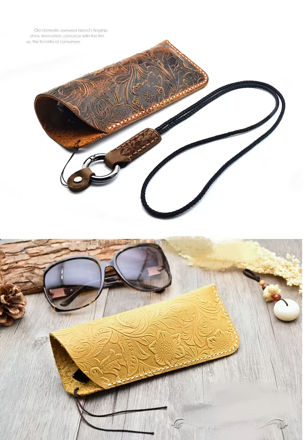 Original Hand-Carved Full-Grain Leather Glasses Pouch - Retro Genuine Leather Case for & Eyeglasses. Portable, Dust-Proof, Premium-Quality Protective Sleeve for Reading Glasses &. Compact Storage Bag with Slanted Pocket