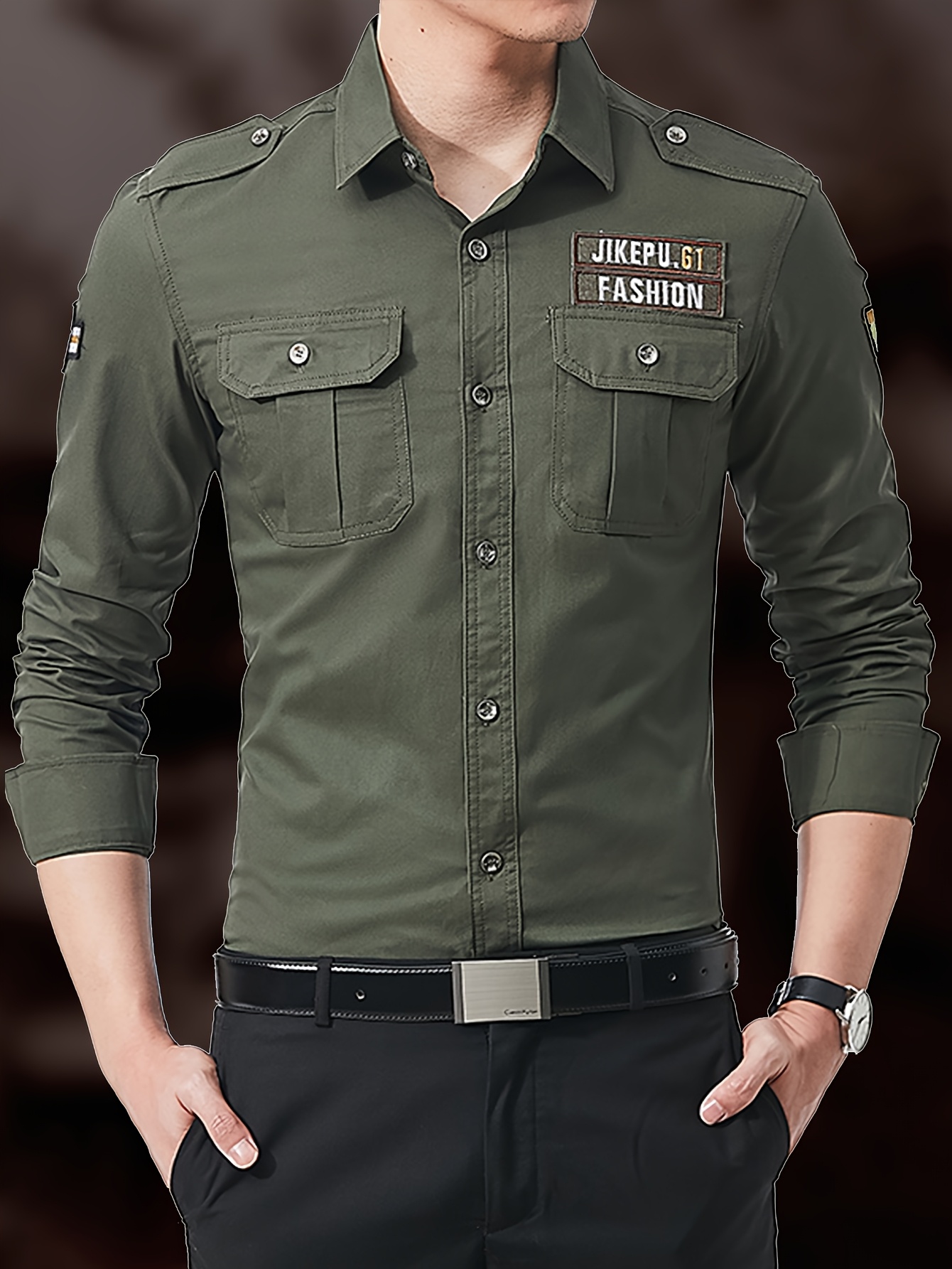 Chaqueta de carga verde oliva para hombre - Casual de manga larga con botones y múltiples bolsillos, cómoda y elegante para atuendos informales, trabajo o escuela, ropa exterior versátil para todas las estaciones, chaqueta de trabajo | Bolsillos funcionales | Tejido duradero