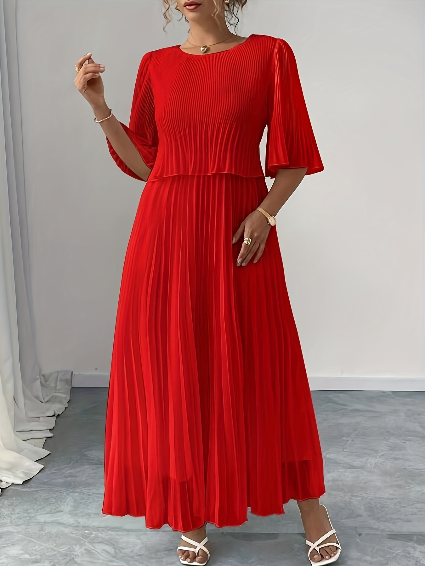 elegant red pleated maxi dress with ruched detail crew neck short sleeve flowy a line skirt   spring summer fall adult womens fashion casual elegant wear ruched detail dress polyester fabric red 1