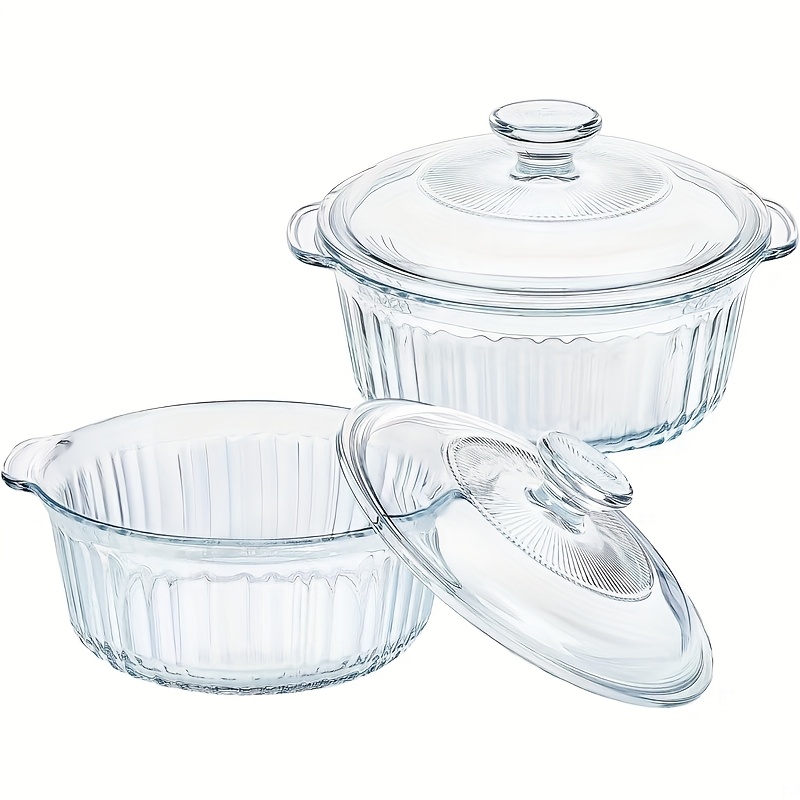 Image of 2pcs Set With Handles And Glass Lids, Transparent Casserole Dishes, 1.7l And 2.5l Round With Handles, Suitable For Oven, Baking, Microwave, Dishwasher, Steamer