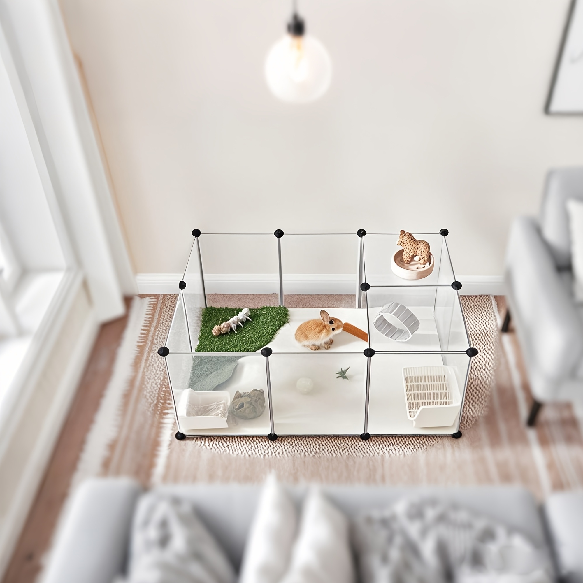 E-shop Außengehege mit Bodenplatten, Laufstall, Meerschweinchengehege, aus Kunststoff, Gehege für Hamster, Kaninchen, 125 x 42 cm, Weiß