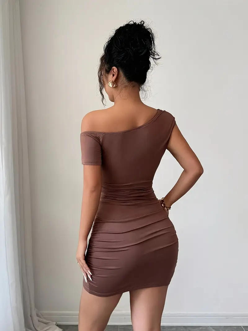 brown bodycon dress short sleeve Mock Neck Bodycon Dress - Light Brown Dress - Back Cutout Dress