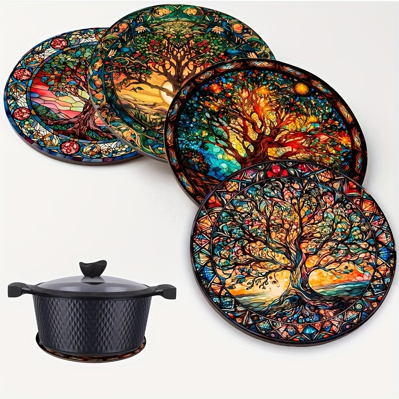 TEMU Set Of 4 Wooden Heat Insulation Mats And Placemats With Tree Of Life Mandala Pattern, Non-slip Coaster Set Suitable For Kitchens, Dining Tables,