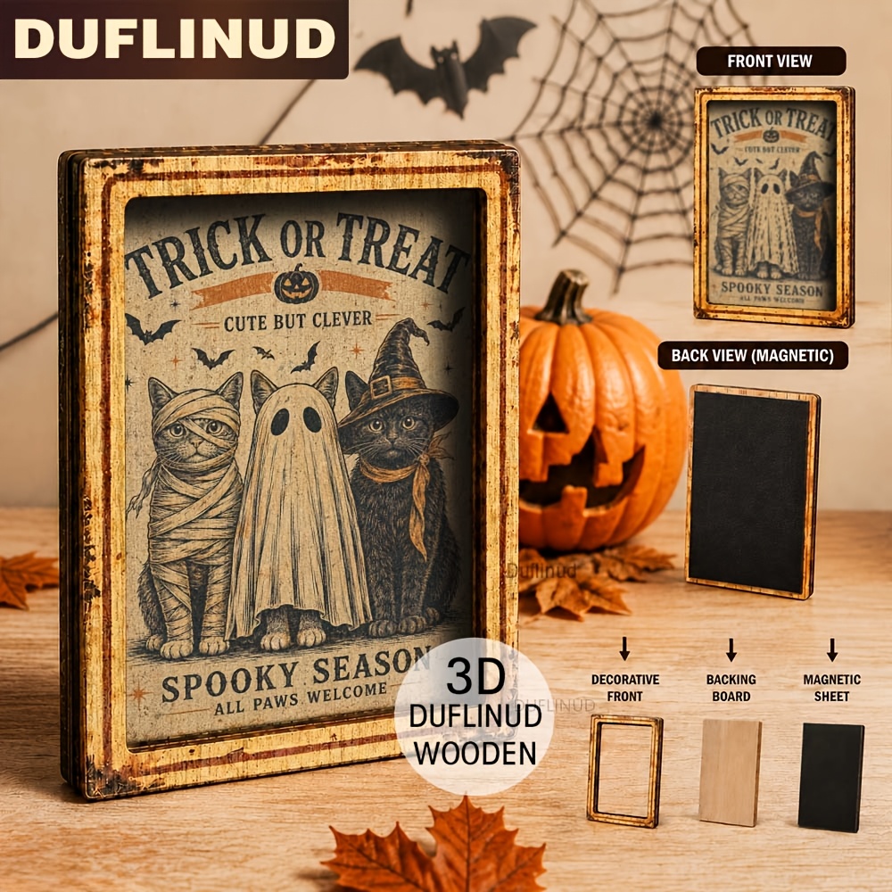 TEMU 1pc Duflinud 1pc Suitable For Halloween 3d Wooden Cat Magnet - Double-layer Kitten Fridge Magnets With , & Costume, Wood Retro Decoration,
