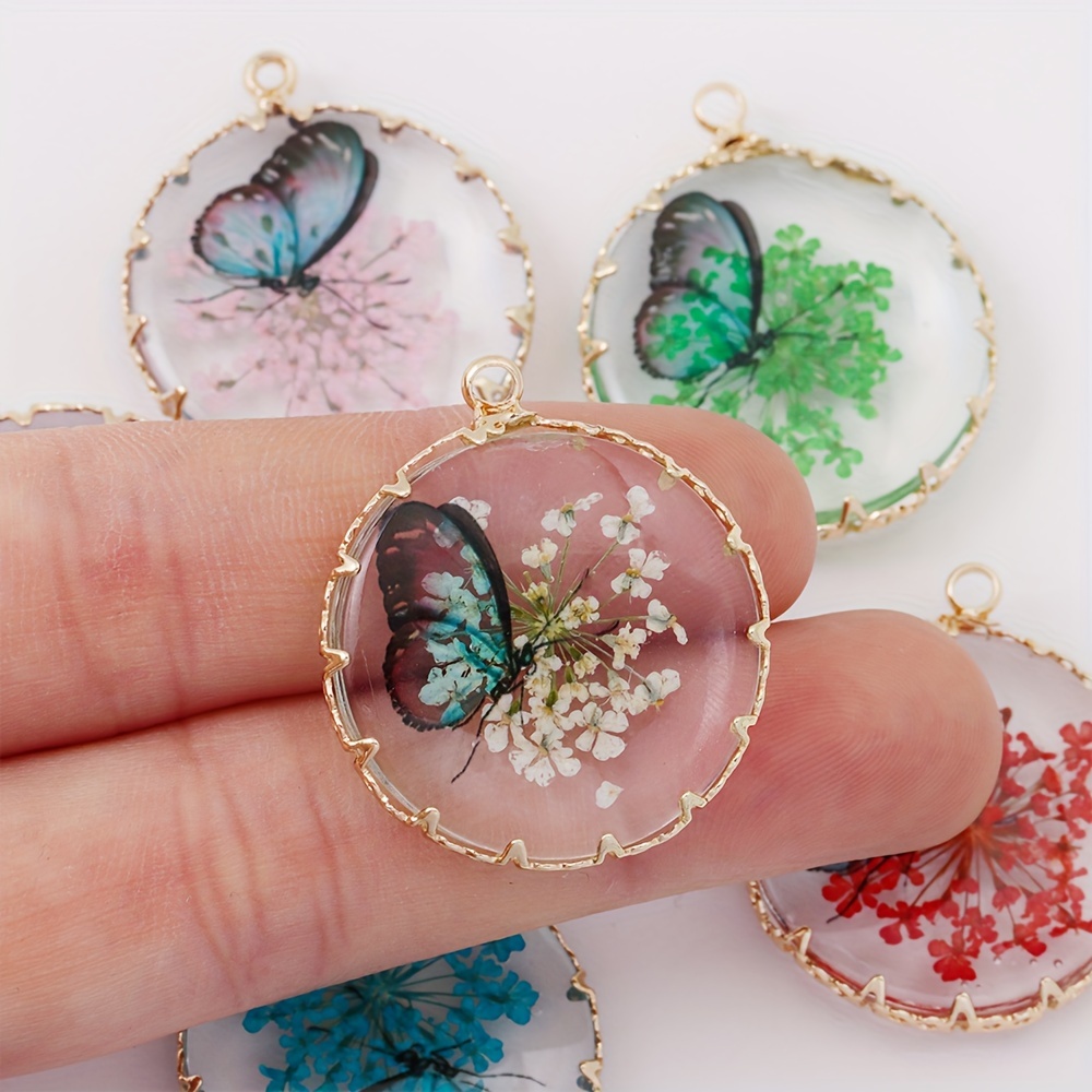 

6pcs Elegant Dried Flower & Lacework Resin Charms - Transparent Beads For Diy Necklace & Bracelet Crafting
