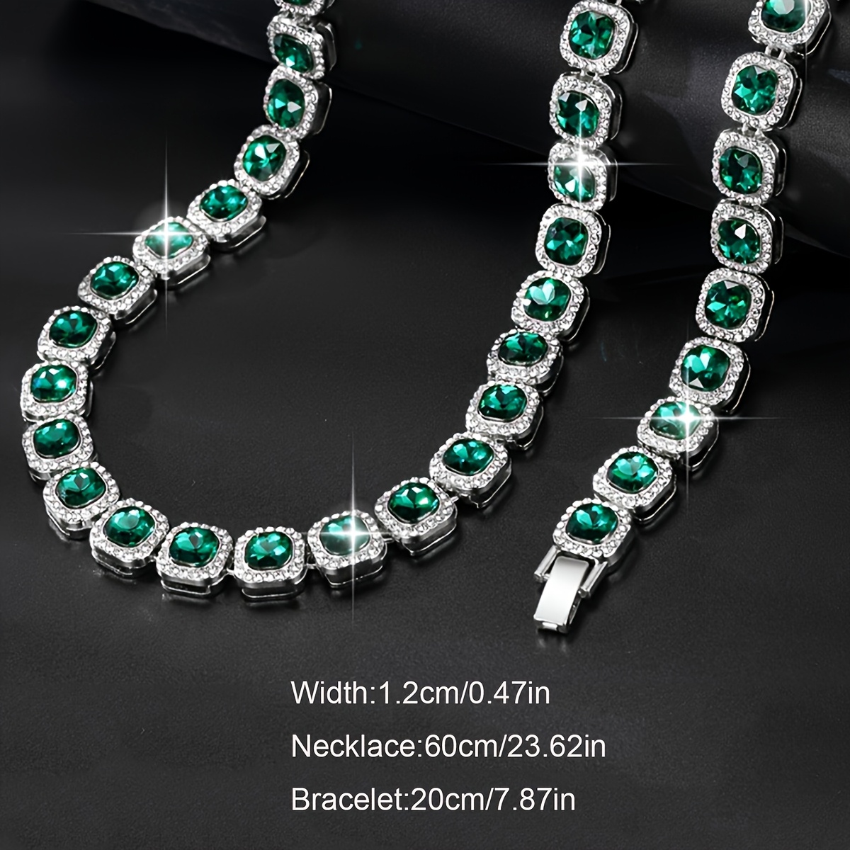 TEMU 2pcs Stylish Cuban Chain Necklace And Bracelet Set With Sparkling Green Rhinestones, Street Rap Accessories,men's Jewelry Set