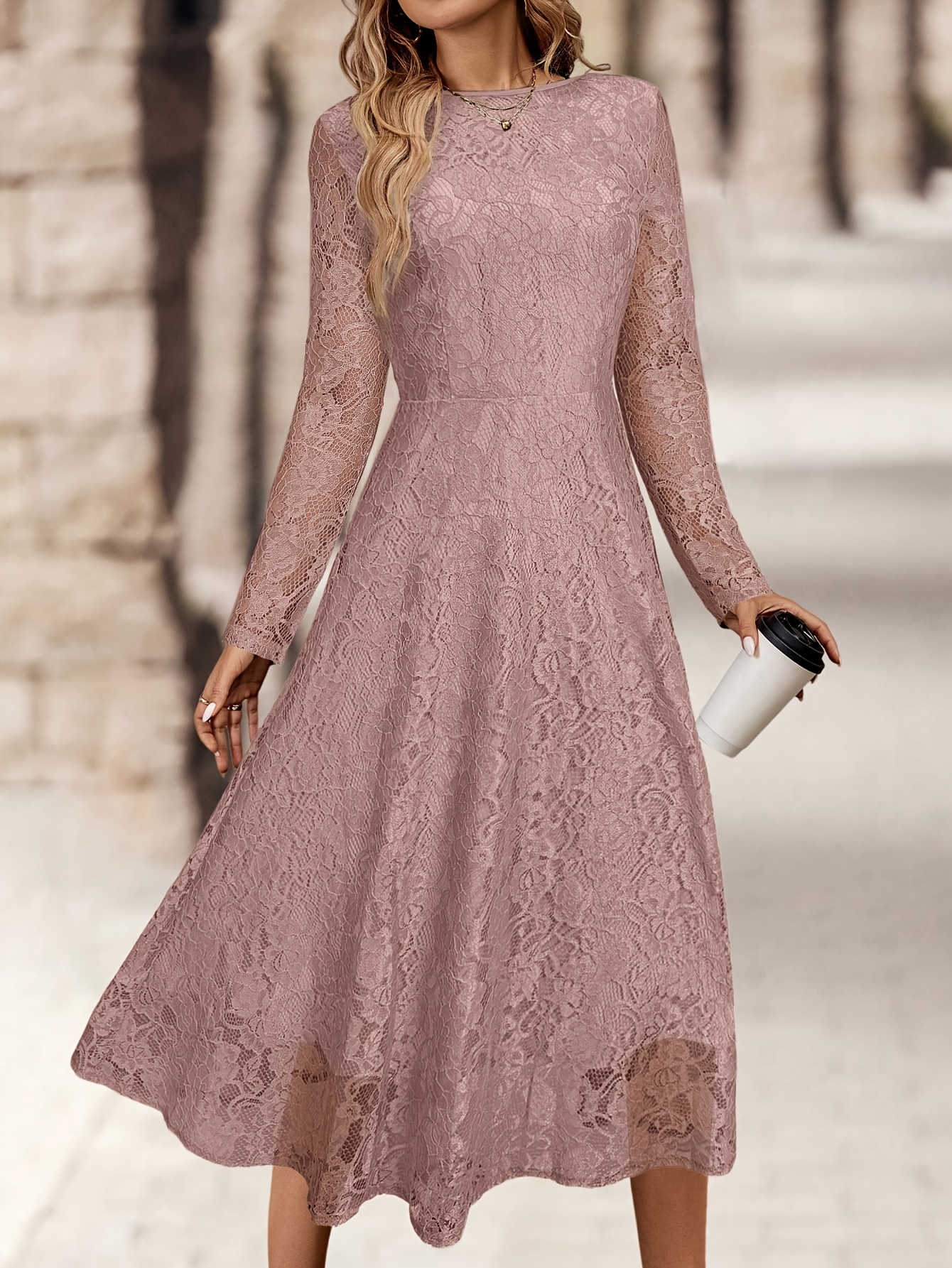Elegant Solid Color A-Line Lace Dress with Long Sleeves and Round Neck  Light Pink *-Length, Zipper Closure Wear for Women, Versatile