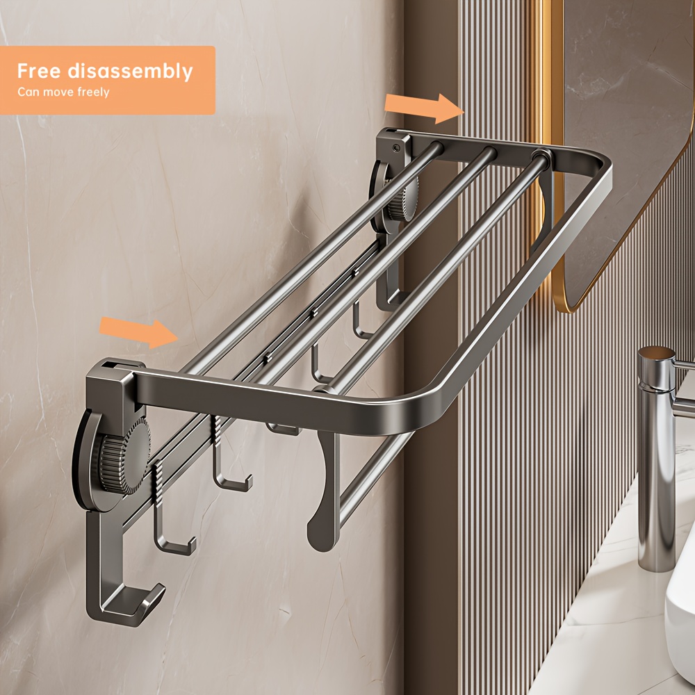  modern chrome wall mount towel rack with hooks suction cup installation no drill moveable with electricity free for bathroom towel storage Product details 2