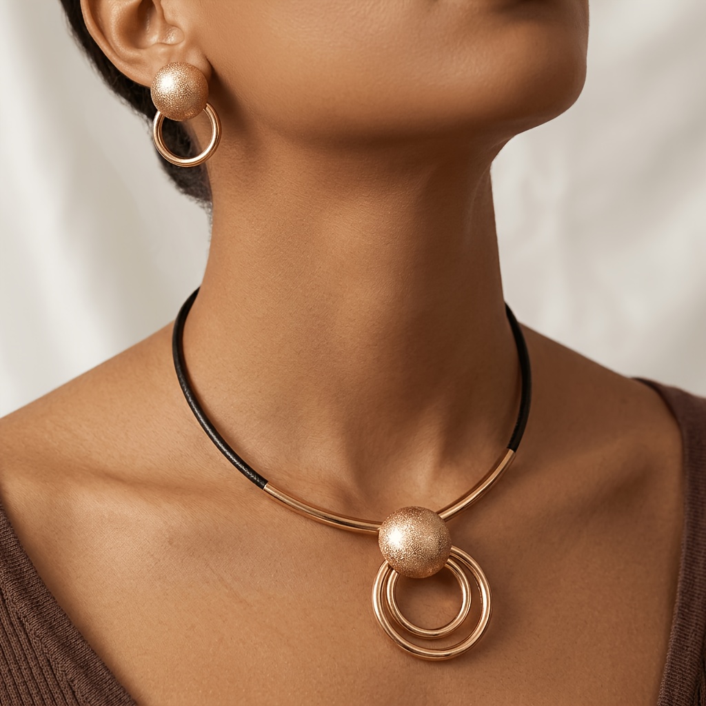 TEMU 2 Sets Of Frosted Sphere Double Ring Pendant Necklace And Earring Set, Minimalist Geometric Style Chain Body And 3d Metal Structure Design,