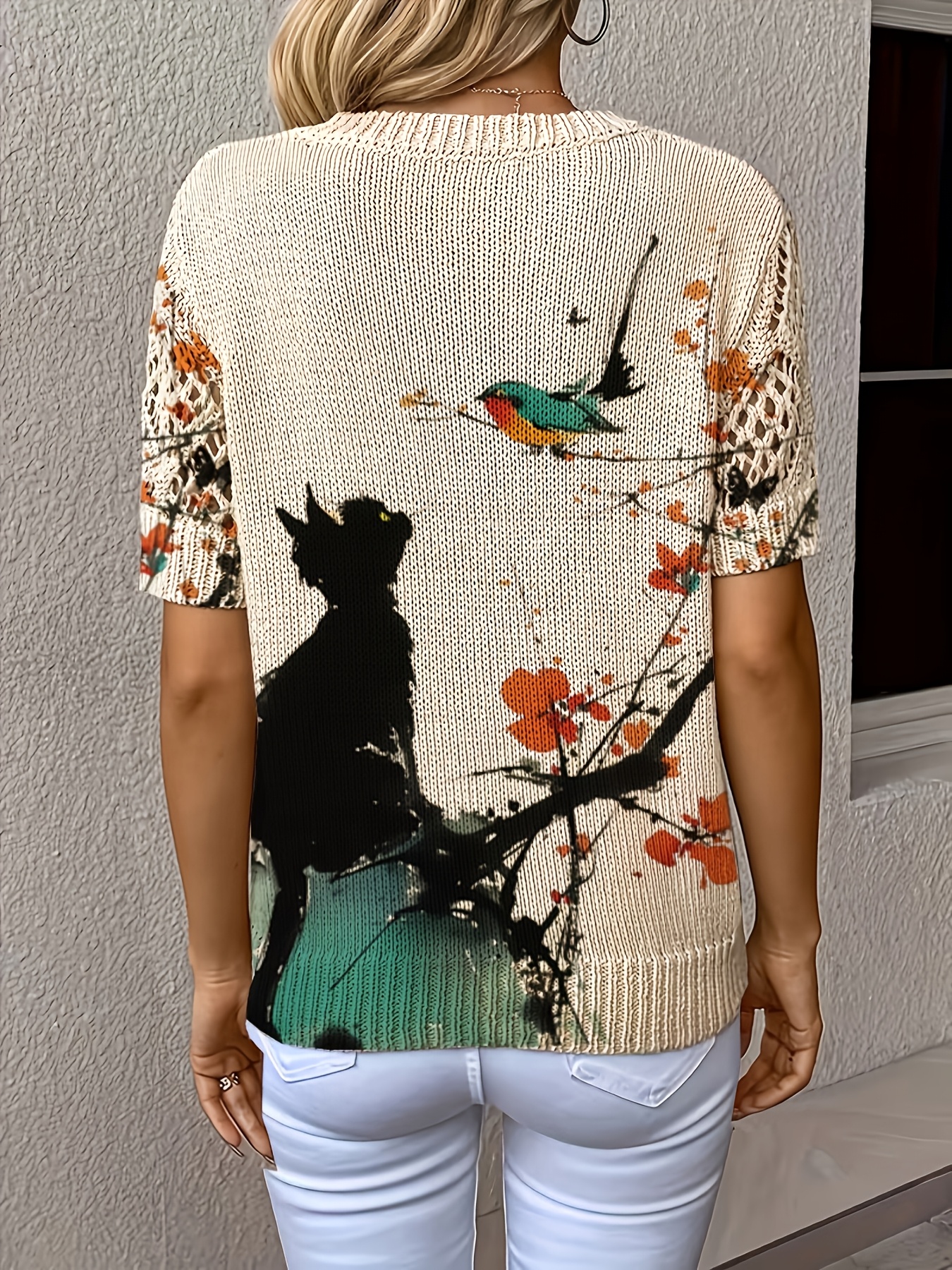 spring summer kitten floral print hollow sleeve design elegant womens wear v neck pullover sweater womens casual apricot 1