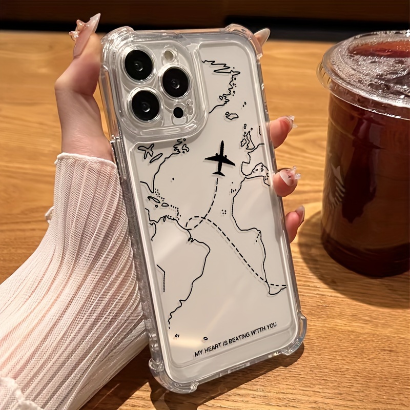 

Air Cushion Bumper Transparent Case With Hollow Line Art And Airplane Design For Iphone 14/13 Pro Max/12 Pro/11/xr/xs Max/xs/7/8 Plus/15 Pro Max - Shockproof Clear Phone Cover With Hollow Elements