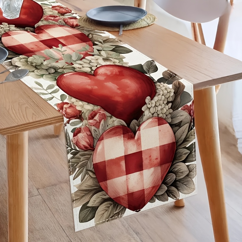 

Vintage Valentine's Day Heart Table Runner, Red Eucalyptus Leaf Design, 100% Polyester, Rectangular Weave For Farmhouse Home Outdoor Decor, Table Flag