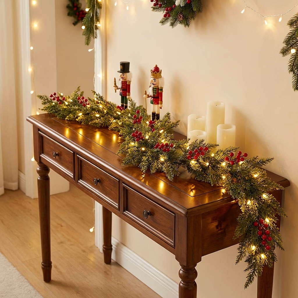TEMU 2pcs Led Lights + Christmas Pine Branch Wreath, 78.74inch/70.87inch Artificial Cedar Pine Branches With Warm White Wire Led Lights, Battery