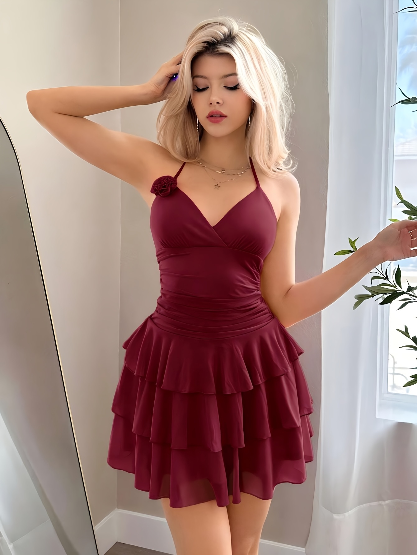 y2k solid color halter neck ruched bodycon dress layered hem
