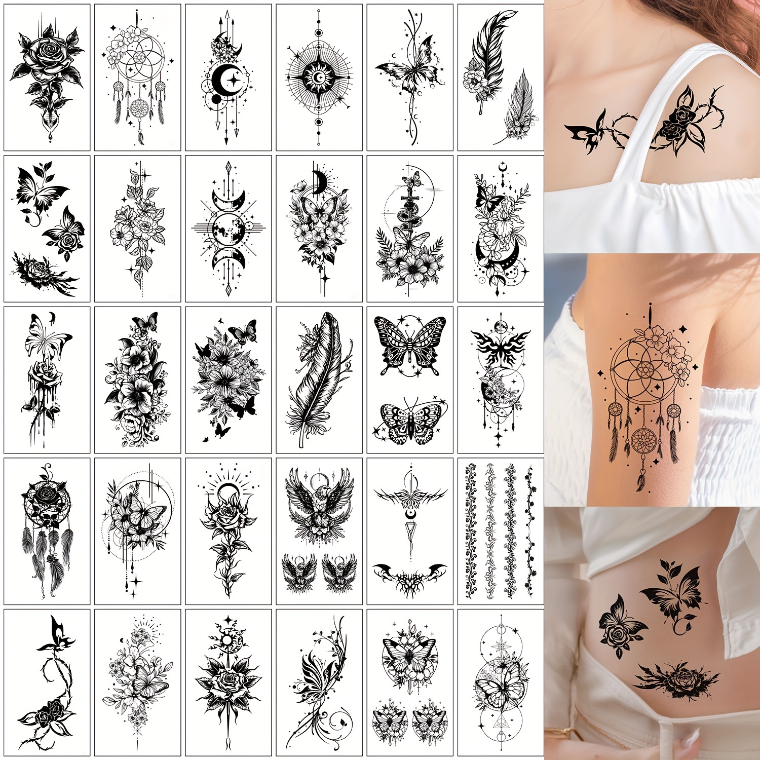   temporary body art stickers for women mixed designs of black floral   feather wind chime moon pendant patterns   tattoo stickers suitable for parties and makeup waterproof lasts 2 5 days