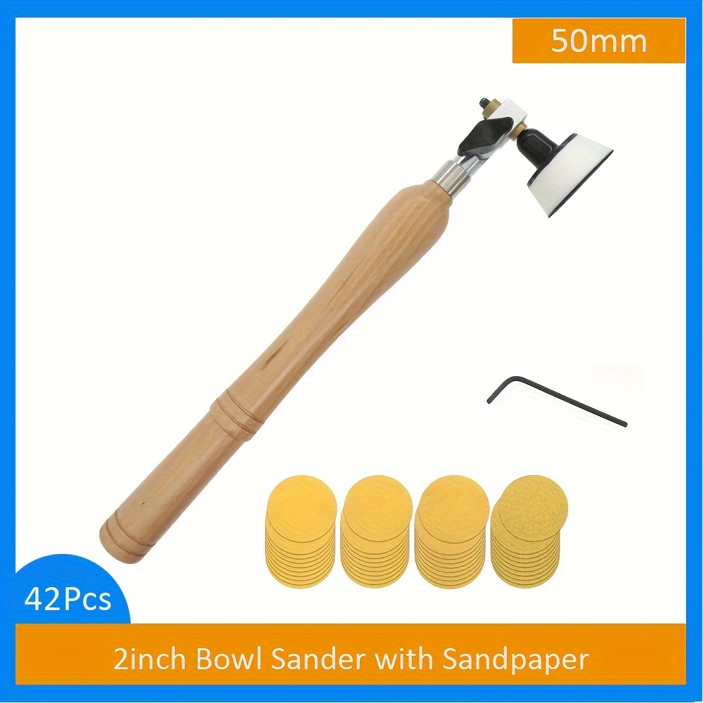 

42pcs Woodworking Bowl Sander Kit With 2" Diameter, Dual Bearing Head, Hardwood Handle & Sanding Discs - Versatile For Curved & Flat Surfaces