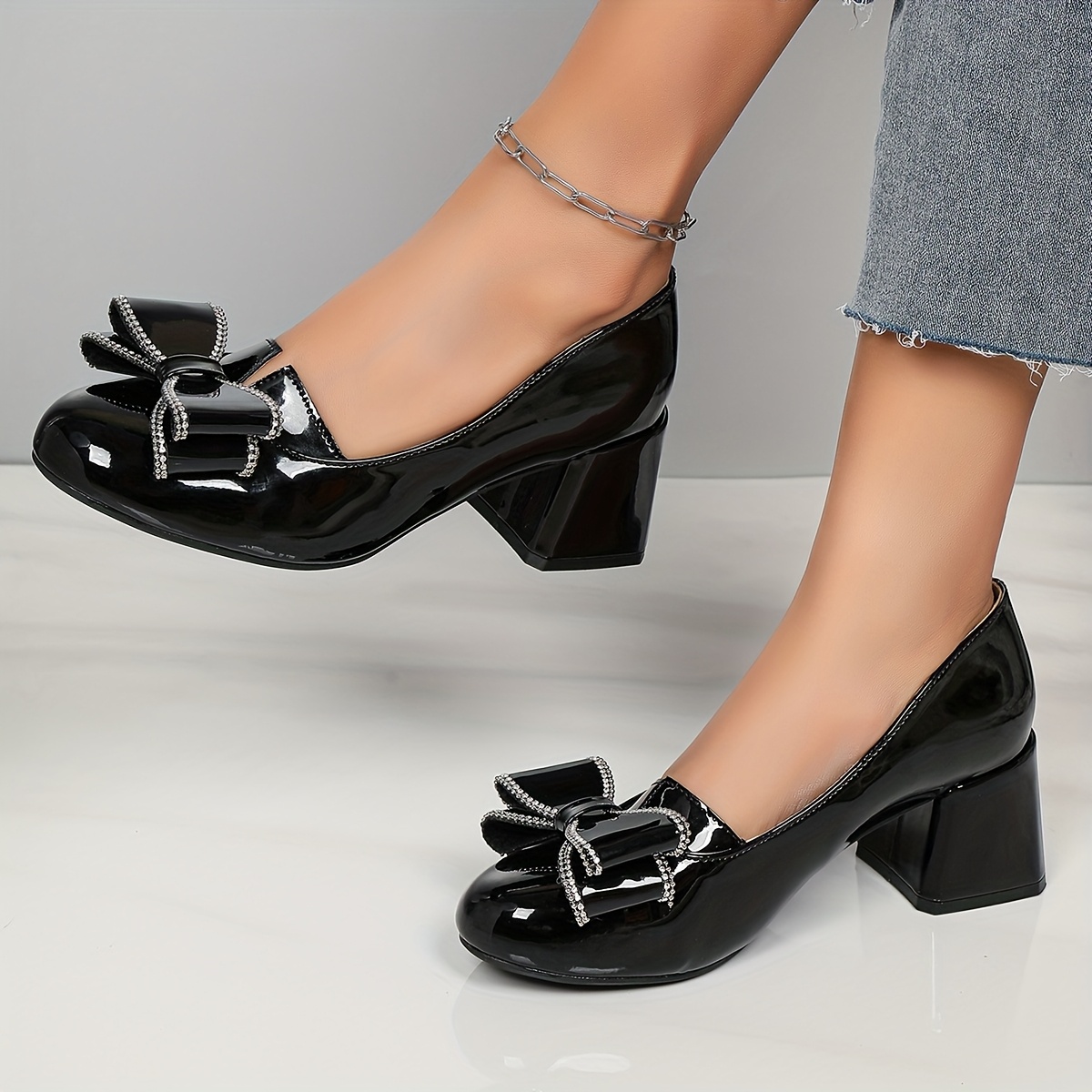 Women'S Fashion Block Heel Pumps, Round Toe Synthetic High Heels with Bow  Lightweight Office Party Dress Shoes, Rubber Sole, European/*