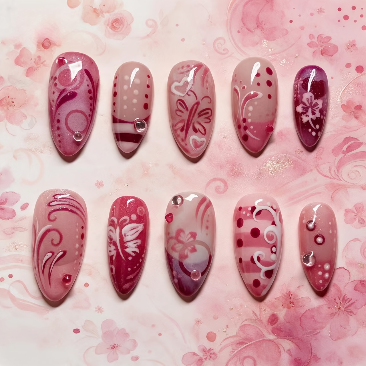 TEMU 10pcs Almond-shaped Press-on Nails, Nude Pink Hand-painted And Floral Nail Art With 3d Embossed Water , Reusable Artificial Nails For Women