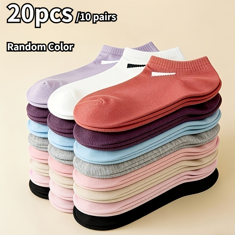 TEMU Lot de 20 pièces/10 paires de chaussettes courtes de qualité supérieure pour femme, couleurs aléatoires, ensemble de combinaison multicolore,