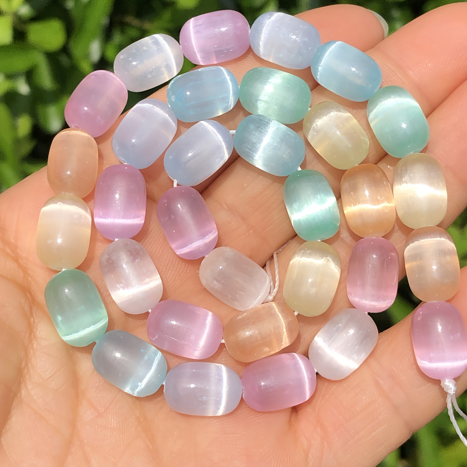 

10pcs 8x12mm Natural Selenite Luster Beads - Rainbow Cat Eye Stones For Diy Jewelry, Bracelets & Necklaces