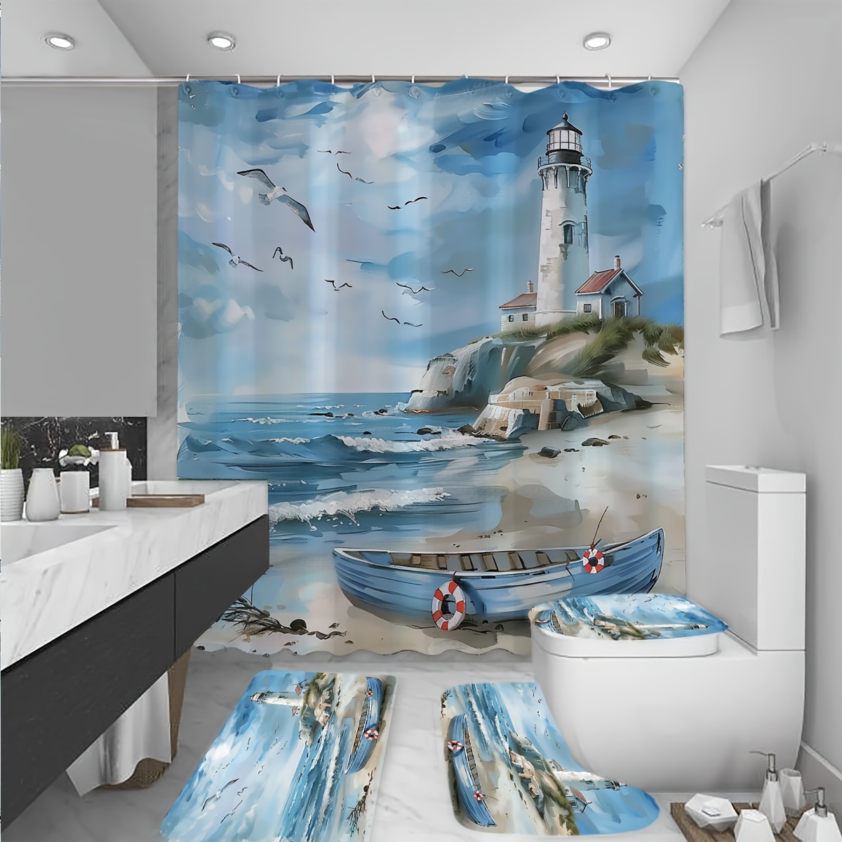 

1/4pcs Pattern Shower Curtain And Set 12 , Bathroom Curtain, U-shaped Mat, , And Bathroom Rug