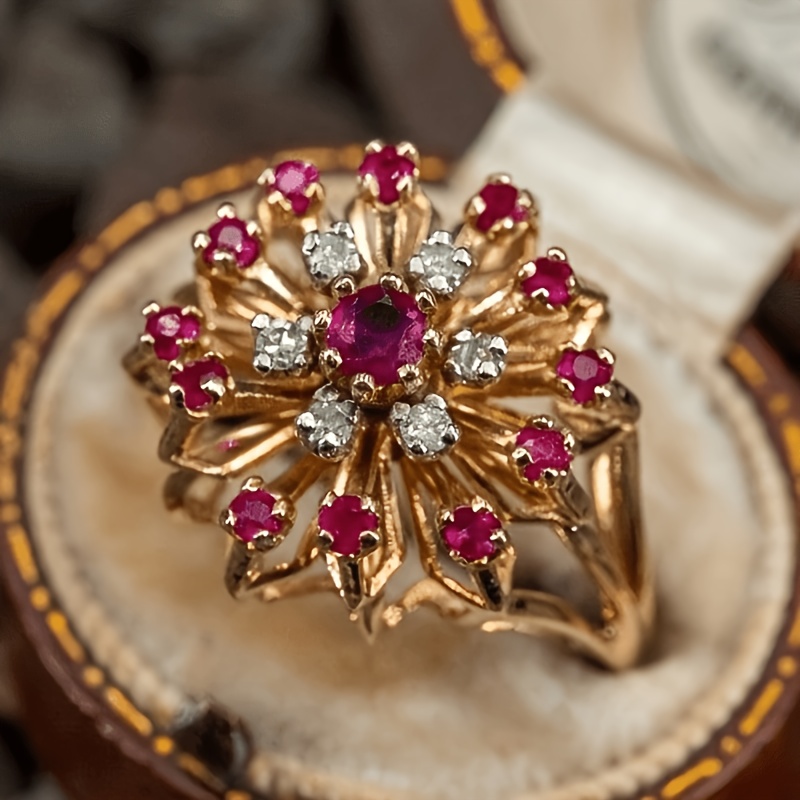 Women's Retro Firework Sun Flower Ring with Zirconia