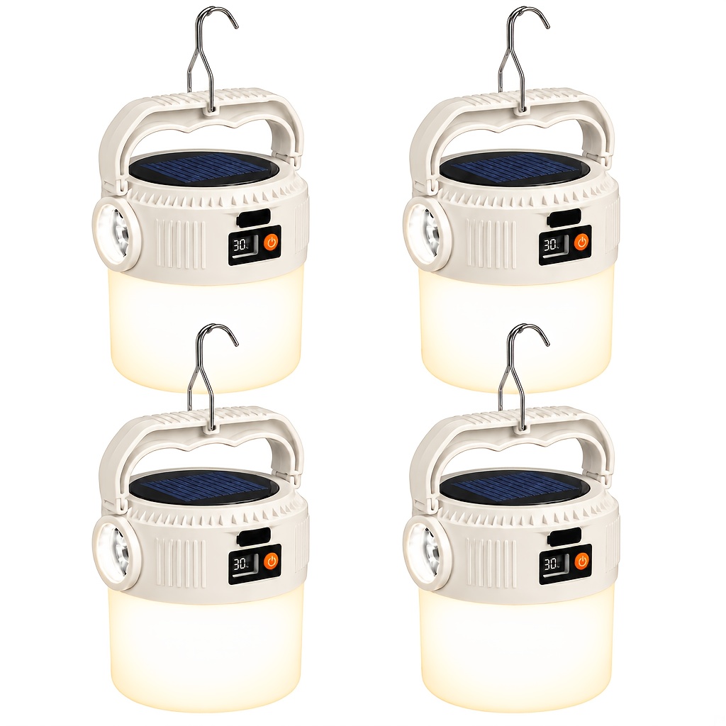 TEMU 4-pack Solar Usb Charging Led Camping Light Flashlight Combination, With Foldable Handle And Metal Hook For Convenient Hanging, Multi-functional