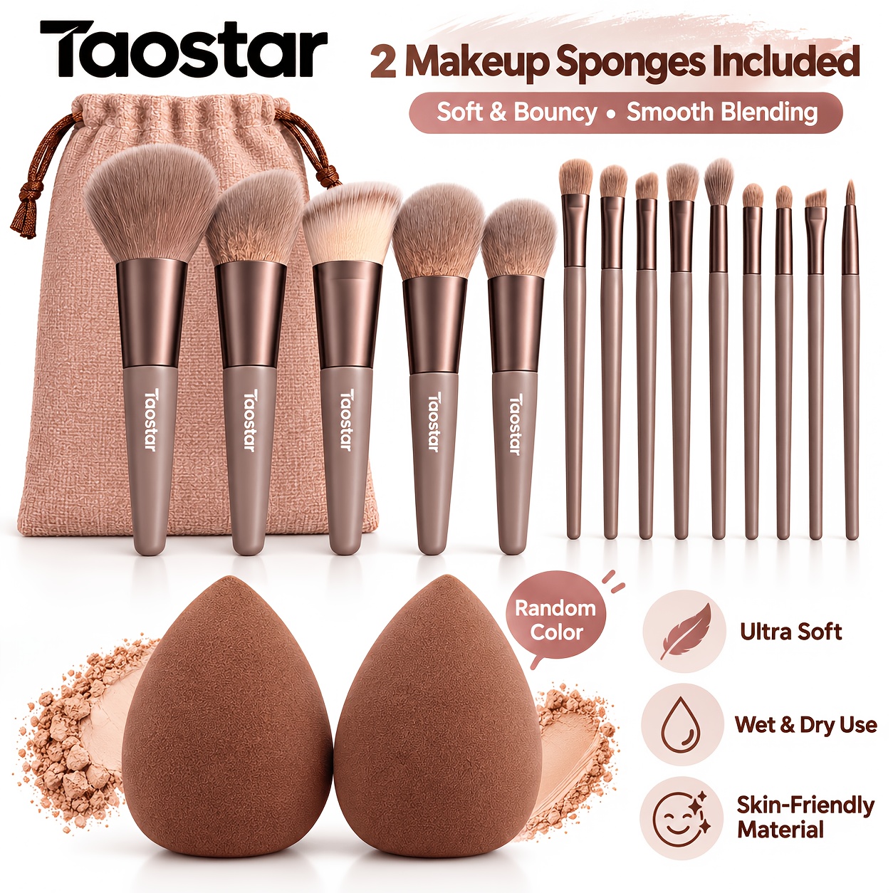 TEMU Taostar Brand 15pcs Random Brown Makeup Brush Set (13pcs Brushes And 2pcs Sponge Pads), Foundation, Blush, And Eyeshadow Brushes, Complete For