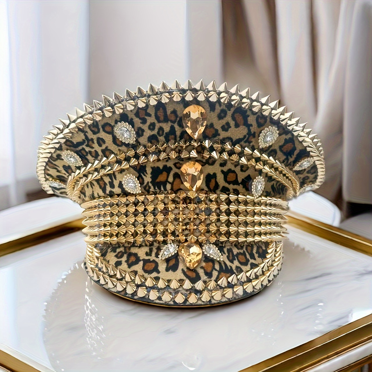 KUFptva Chapeau Militaire Imprimé Léopard Chapeau De Capitaine Pour Festivals De Musique Chapeau à Rivets Pour Femme Accessoire De Costume, Gd, M, Gd, Moyen