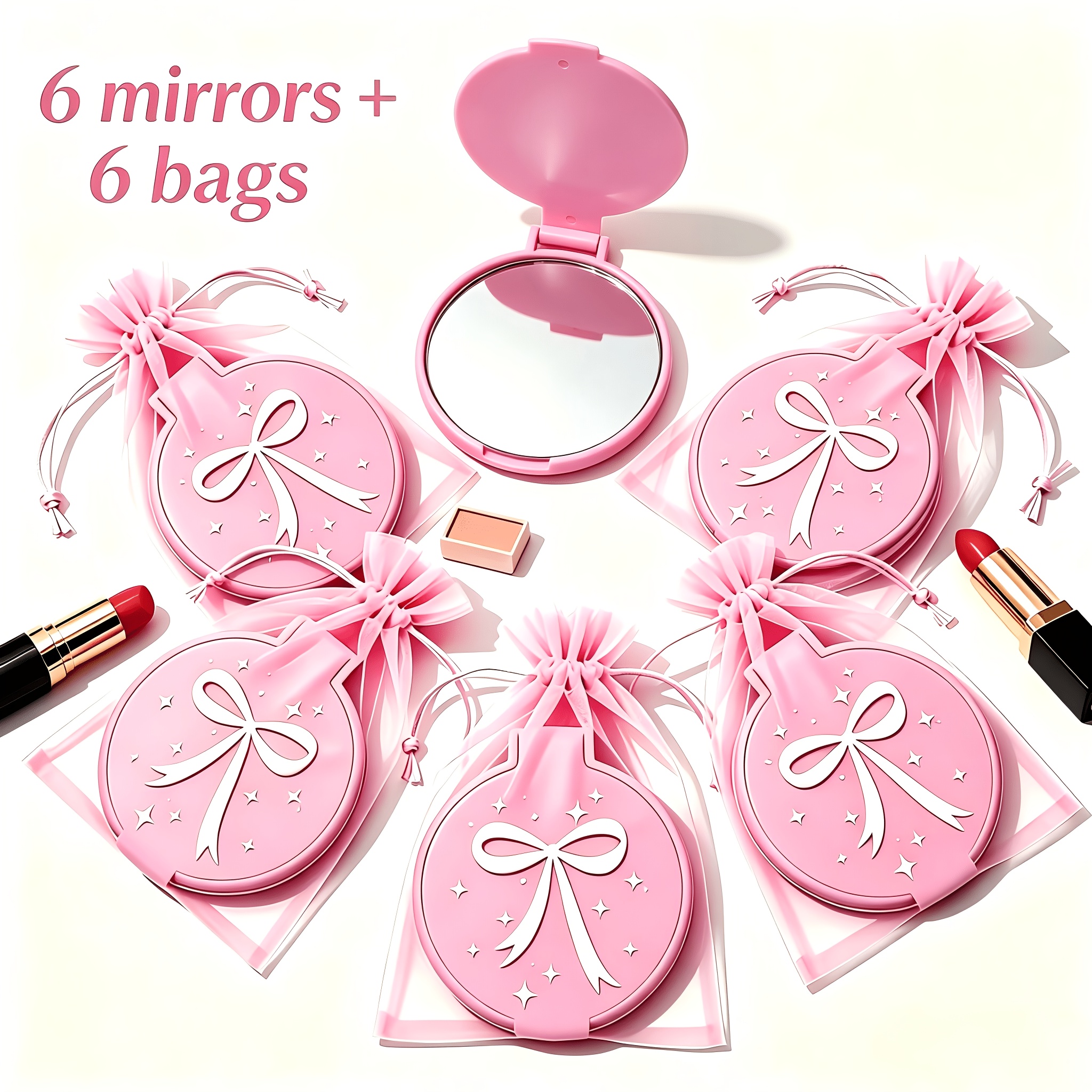 Image of 12pcs Pink Bow Mini Pocket Mirror Set, Compact Round Foldable Makeup Mirrors, Korean-style Dressing Accessories Equipped With Pouches, Ideal For Party Favors Or Bridal Gifts.