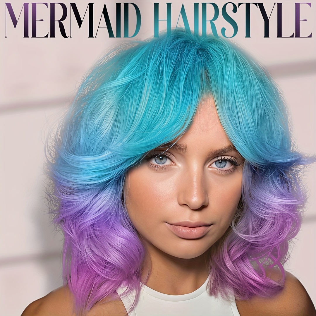 Ombre Blue to Purple Wig Short Purple Wig with Bangs Bob Wavy Wigs for  Carnival/*'s Day/Music Festivals/Halloween Cosplay Girls Party Use Wi