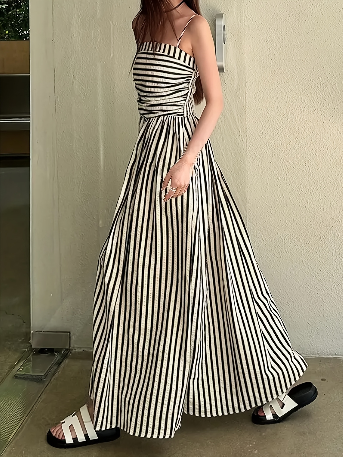 womens black white horizontal stripe maxi dress non stretchy - Temu Japan, image size:800x1067