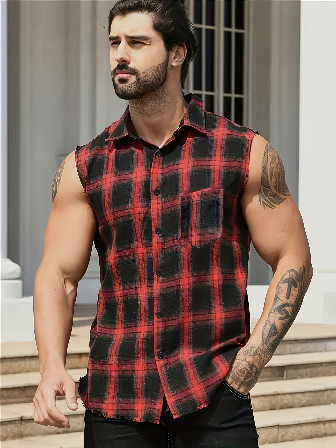 *'s Sleeveless Shirt Red Black Checkered Button-Up Jacket-like Top,  Machine Washable Summer Beach Party Outfit for Casual Streetwear Vacation  Es
