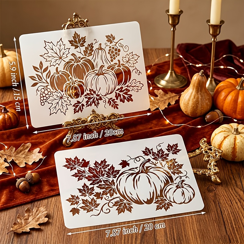 TEMU 2pcs Reusable Painting Templates With Maple & Pumpkin Vine Stencils Suitable For Wall Decor, Scrapbooking, Textile Crafts, Thanksgiving And Fall