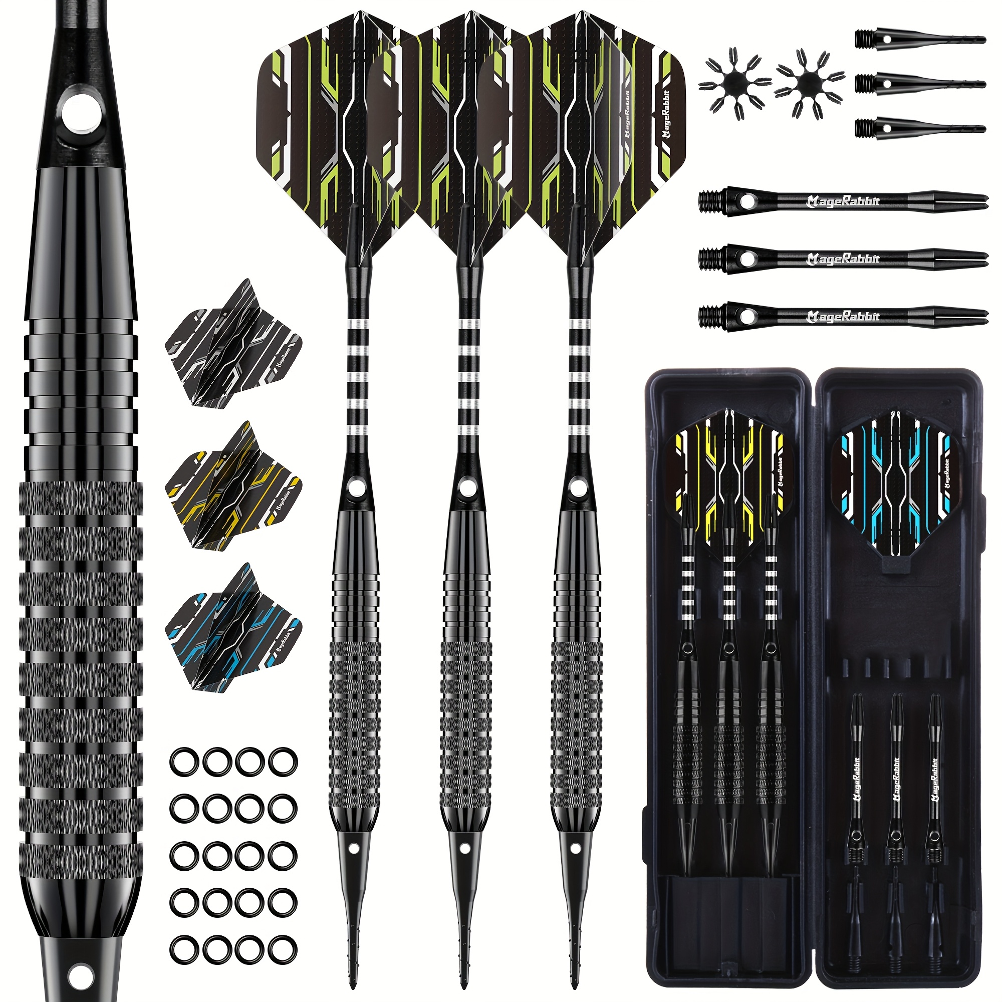 Image of Magerabbit Professional Soft Darts Premium Set | 3pcs 16g/0.56oz 2ba Iron Dart Barrels, 6pcs 48mm Dart Shafts, 6pcs Dart Flights + 20pcs O Rings + 6pcs Soft Dart Tips + 2pcs Flight Protectors