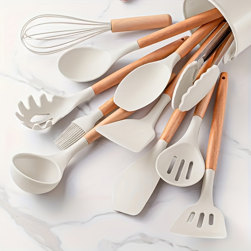 Bekecidi Set di 4 Spatole in Silicone, Spatola in Silicone con Manico in Legno Cucchiaio Spatola Resistente al Calore Utensili da Cucina in Silicone per Cucinare, Cuocere al Forno e Mescolare (Bianco