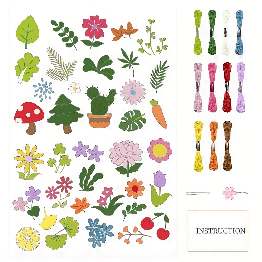 

37pcs Plant Pattern Embroidery Kit With Water-soluble Fabric, Pre-printed Designs, Thread, Instructions & Tools - Ideal For Diy Crafts & Sewing Projects, Beginners & Enthusiasts